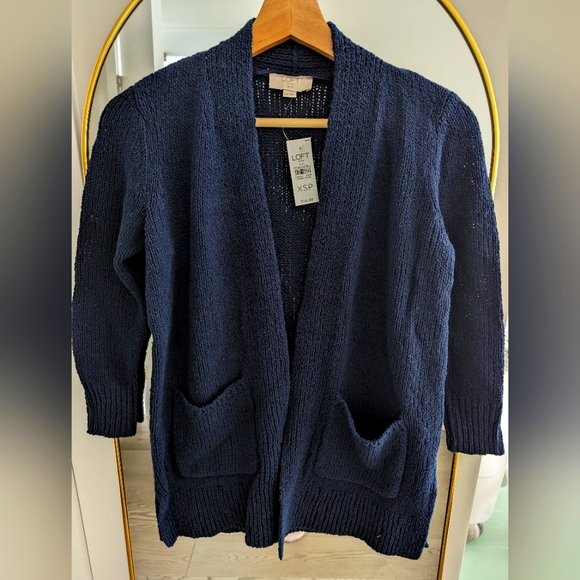 LOFT Dark Navy Blue Knit Yarn Blend Cardigan Sweater XSP BRAND NEW WITH TAGS - Picture 1 of 7